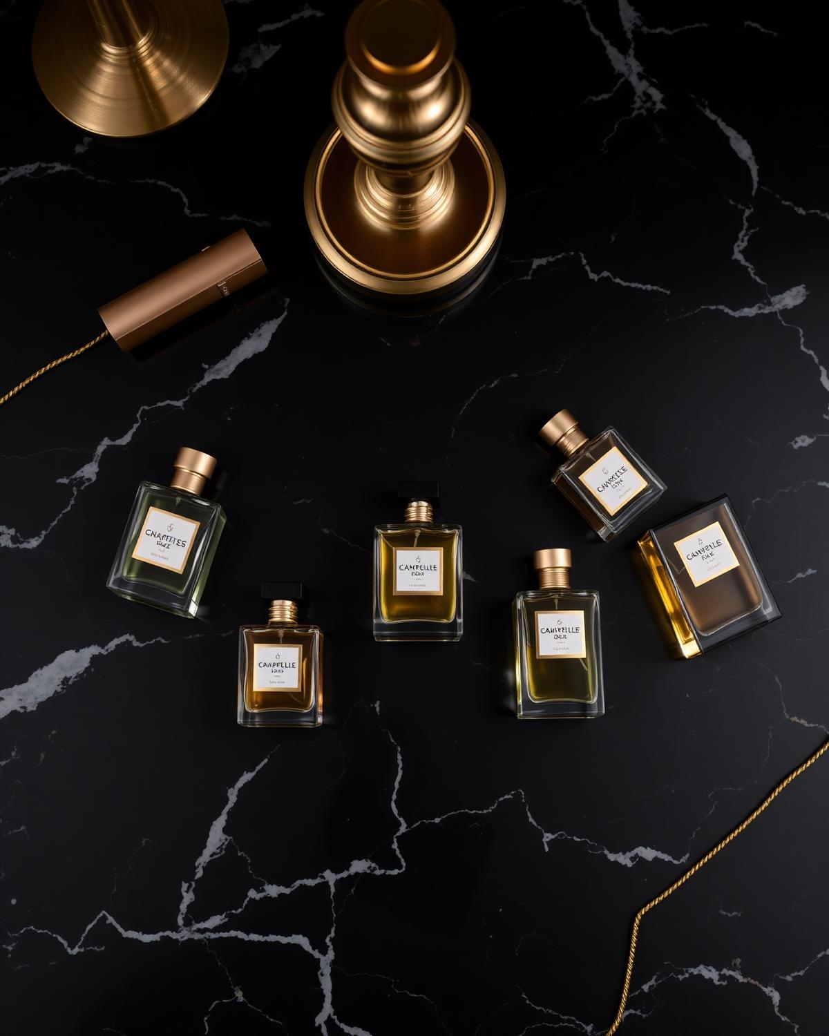 Colección de perfumes en mármol negro