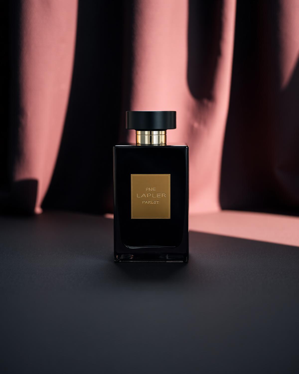 Frasco negro elegante con etiqueta dorada